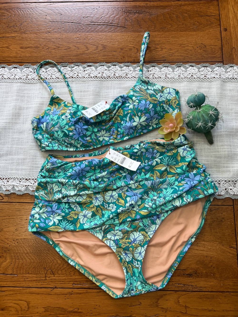 J. Crew Floral Ruched Bikini in Blue and Green